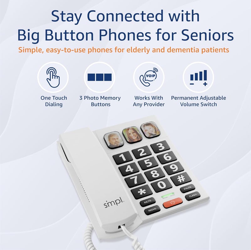 smpl Big Button Phone for Seniors, Simple Corded Landline Home Telephone for Elderly, Handicap, Alzheimer’s, Dementia, Hearing & Vision Impaired 56021 - Image 2